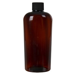8.45 oz. Amber PET Vale High Clarity Oval Bottle with 24/410 Black Ribbed Cap with F217 Liner
