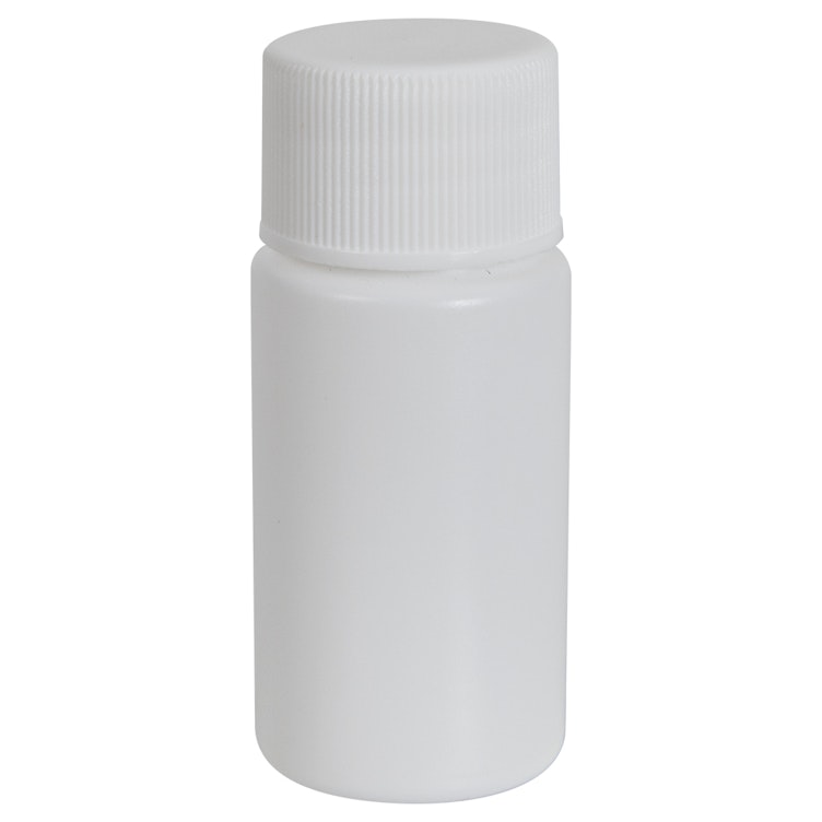 1/2 oz. White HDPE Cylindrical Sample Bottle with 20/410 White Ribbed Cap with F217 Liner