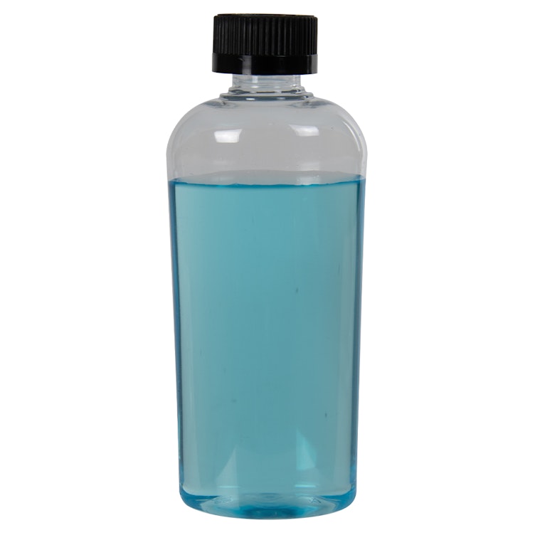 4 oz. Clear PET Cosmo High Clarity Oval Bottle with 20/400 Black Polypropylene Ribbed CRC Cap with F217 Liner