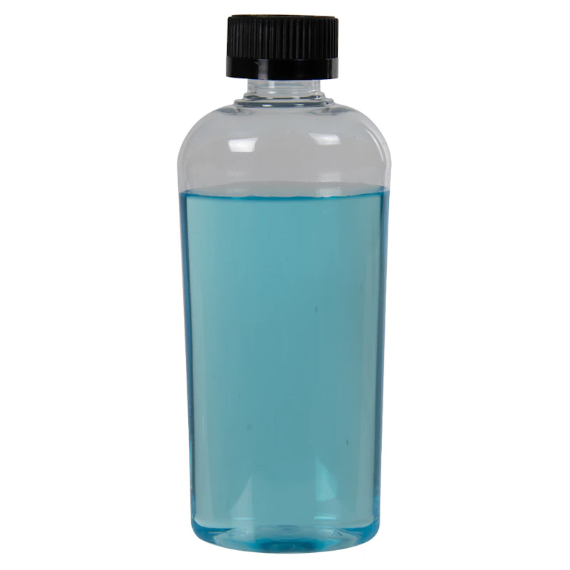 4 oz. Clear PET Cosmo High Clarity Oval Bottle with 20/400 Black Polypropylene Ribbed CRC Cap with F217 Liner