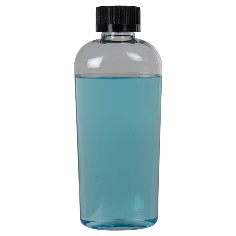 6 oz. Clear PET Cosmo High Clarity Oval Bottle with 20/400 Black Polypropylene Ribbed CRC Cap with F217 Liner
