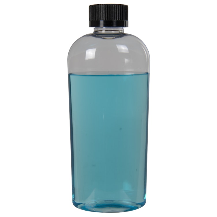 8 oz. Clear PET Cosmo High Clarity Oval Bottle with 20/400 Black Polypropylene Ribbed CRC Cap with F217 Liner