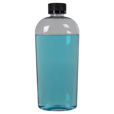 12 oz. Clear PET Cosmo High Clarity Oval Bottle with 20/400 Black Polypropylene Ribbed CRC Cap with F217 Liner