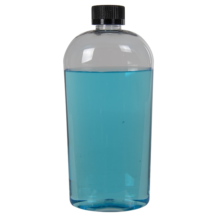 16 oz. Clear PET Cosmo High Clarity Oval Bottle with 24/400 Black Polypropylene Ribbed CRC Cap with F217 Liner
