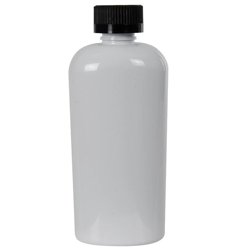 4 oz. White PET Cosmo Oval Bottle with 20/400 Black Polypropylene Ribbed CRC Cap with F217 Liner