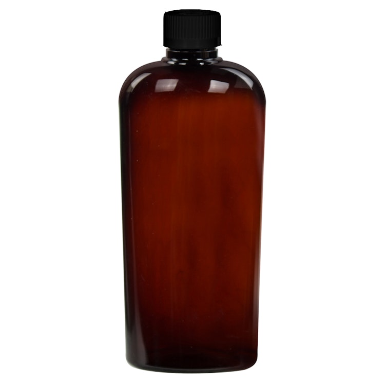 8.45 oz. Amber PET Vale High Clarity Oval Bottle with 24/400 Black Polypropylene Ribbed CRC Cap with F217 Liner