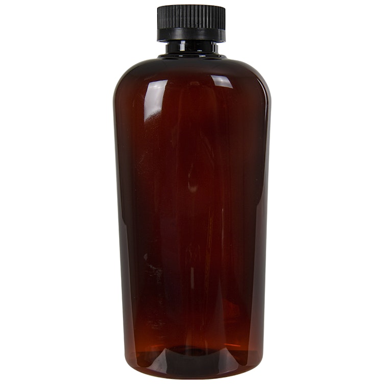 15.2 oz. Amber PET Vale High Clarity Oval Bottle with 24/400 Black Polypropylene Ribbed CRC Cap with F217 Liner