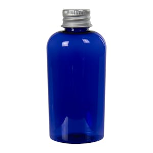 2 oz. Cobalt Blue PET Cosmo Oval Bottle with 20/410 Brushed Silver Aluminum Cap with Foam Liner