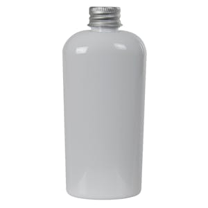 4 oz. White PET Cosmo Oval Bottle with 20/410 Brushed Silver Aluminum Cap with Foam Liner
