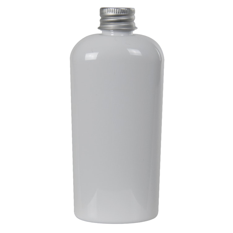 4 oz. White PET Cosmo Oval Bottle with 20/410 Brushed Silver Aluminum Cap with Foam Liner