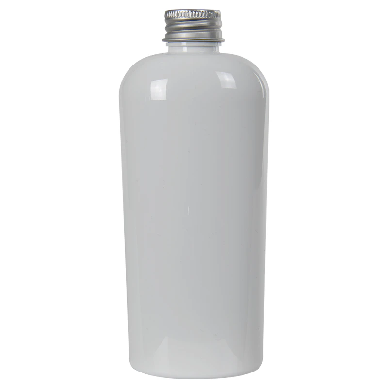 8 oz. White PET Cosmo Oval Bottle with 24/410 Brushed Silver Aluminum Cap with Foam Liner