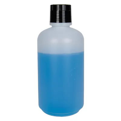 32 oz. Natural HDPE Boston Round Buttress Bottle with 38/430 Black Ribbed Unlined Buttress Cap