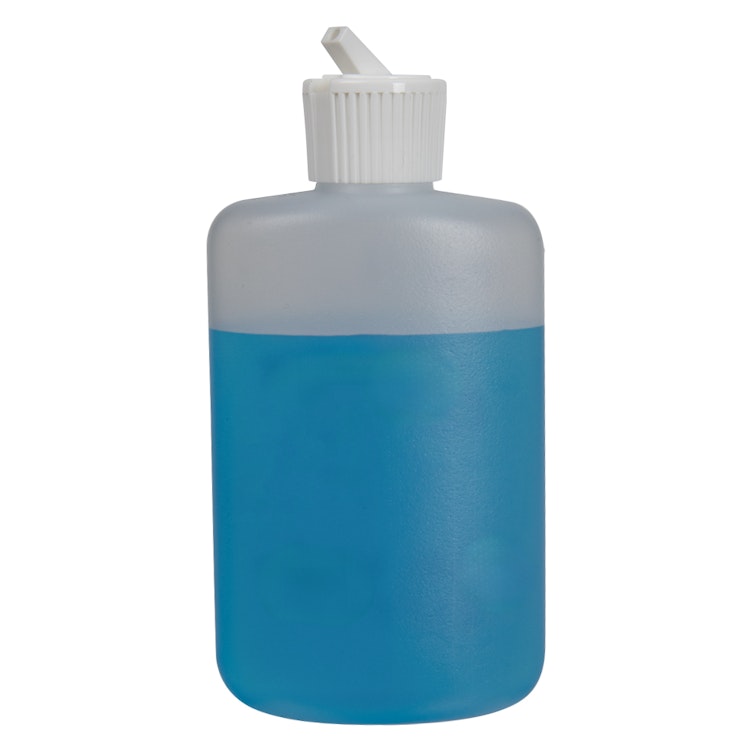 4 oz. Natural HDPE Oval Bottle with 24/410 White Ribbed Flip-Top Dispensing Cap