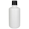 32 oz. White HDPE Boston Round Buttress Bottle with 38/430 Black Ribbed Unlined Buttress Cap