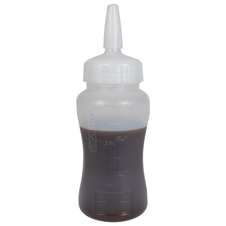 12 oz. Natural LDPE Round Wide Mouth Squeeze Sauce Bottle with 53mm White HDPE Precise Dispensing Nozzle Cap