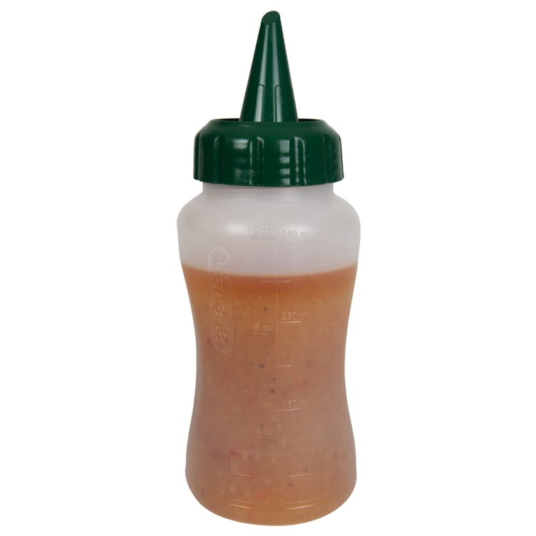 12 oz. Natural LDPE Round Wide Mouth Squeeze Sauce Bottle with 53mm Green HDPE Oil Dispensing Cap