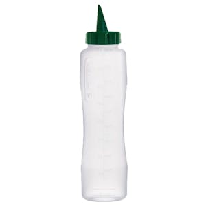 34 oz. Natural LDPE Round Wide Mouth Squeeze Sauce Bottle with 53mm Green HDPE Oil Dispensing Cap