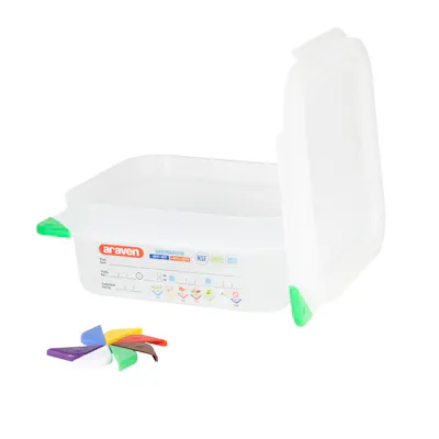 1/6 Size Clear Polyproylene Airtight Food Pan with LDPE ColorClip Lid - 1.2 Quart