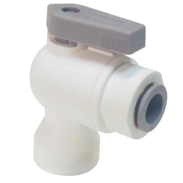 3/8" OD Push-to-Connect x 1/8" FNPTF White Polypropylene LIQUIfit™ Female Elbow Two-Way Ball Valve