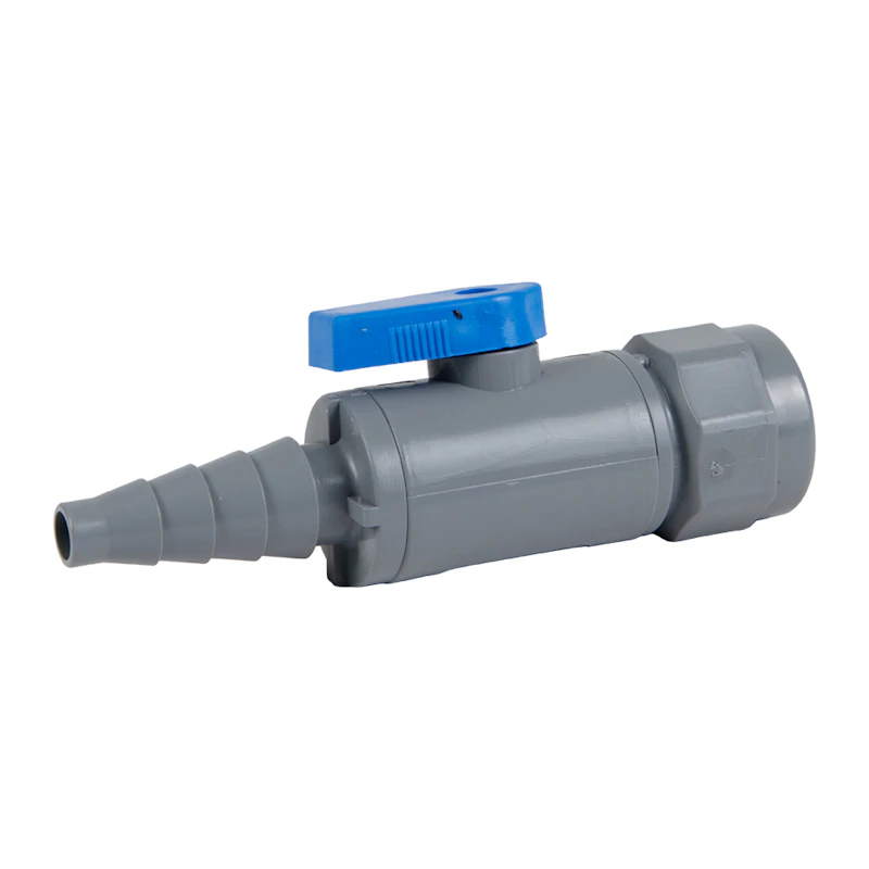 3/8" to 5/8" Tapered Barb x 1/2" FNPT Gray PVC Series 638 Straight Two-Way Ball Valve with Buna-N Seal
