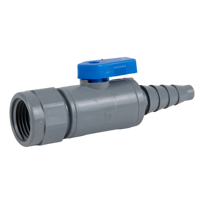 3/8" to 5/8" Tapered Barb x 1/2" FNPT Gray PVC Series 638 Straight Two-Way Ball Valve with Buna-N Seal