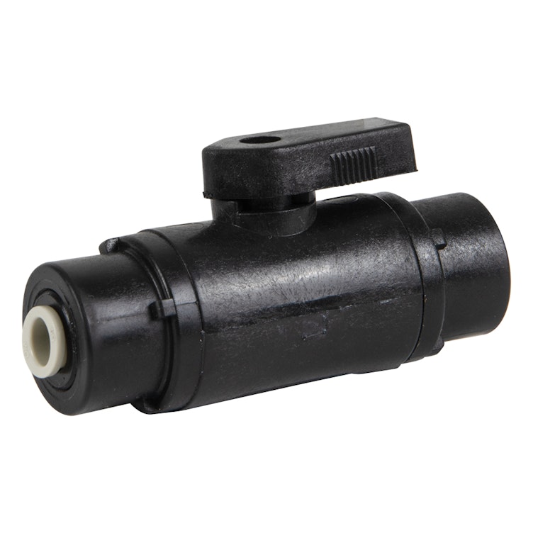 1/4" OD Push-To-Connect x 1/4" OD Push-To-Connect Black Polypropylene Series 638 Straight Two-Way Ball Valve with FKM Seal