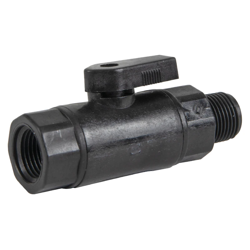 3/8" MNPT x 3/8" FNPT Black Polypropylene Series 638 Straight Two-Way Ball Valve with EPDM Seal