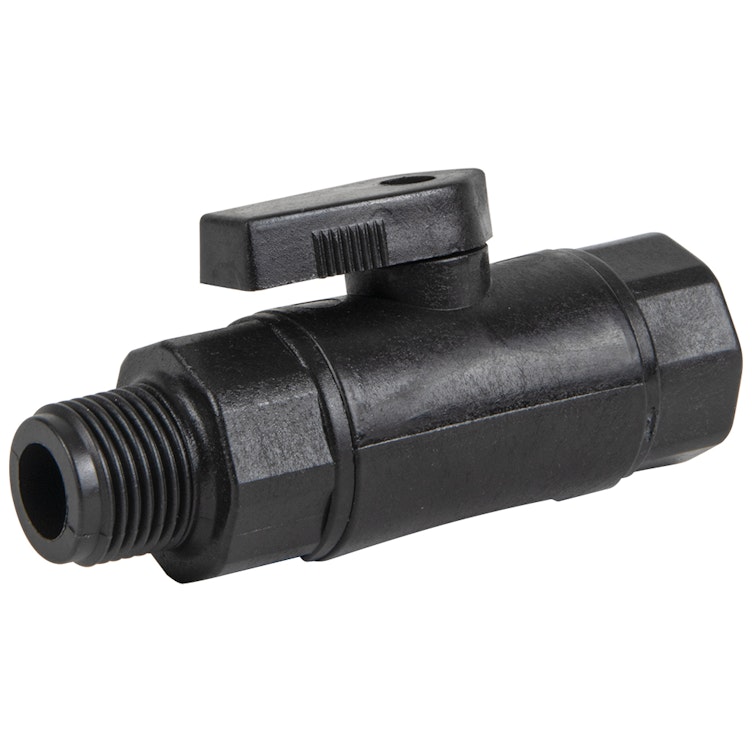3/8" MNPT x 3/8" FNPT Black Polypropylene Series 638 Straight Two-Way Ball Valve with EPDM Seal