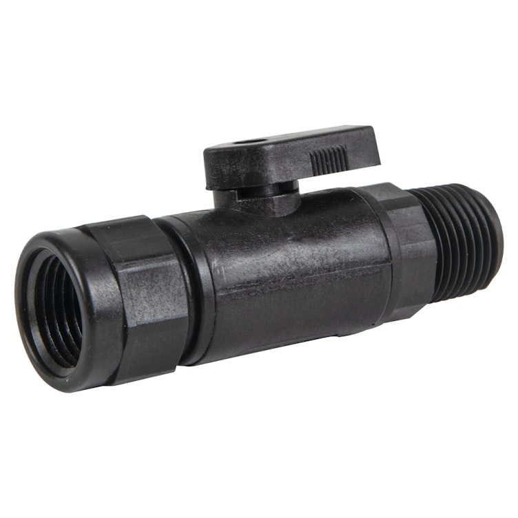 1/2" MNPT x 1/2" FNPT Black Polypropylene Series 638 Straight Two-Way Ball Valve with EPDM Seal