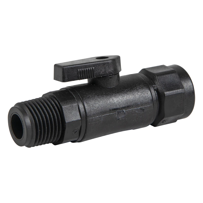 1/2" MNPT x 1/2" FNPT Black Polypropylene Series 638 Straight Two-Way Ball Valve with EPDM Seal