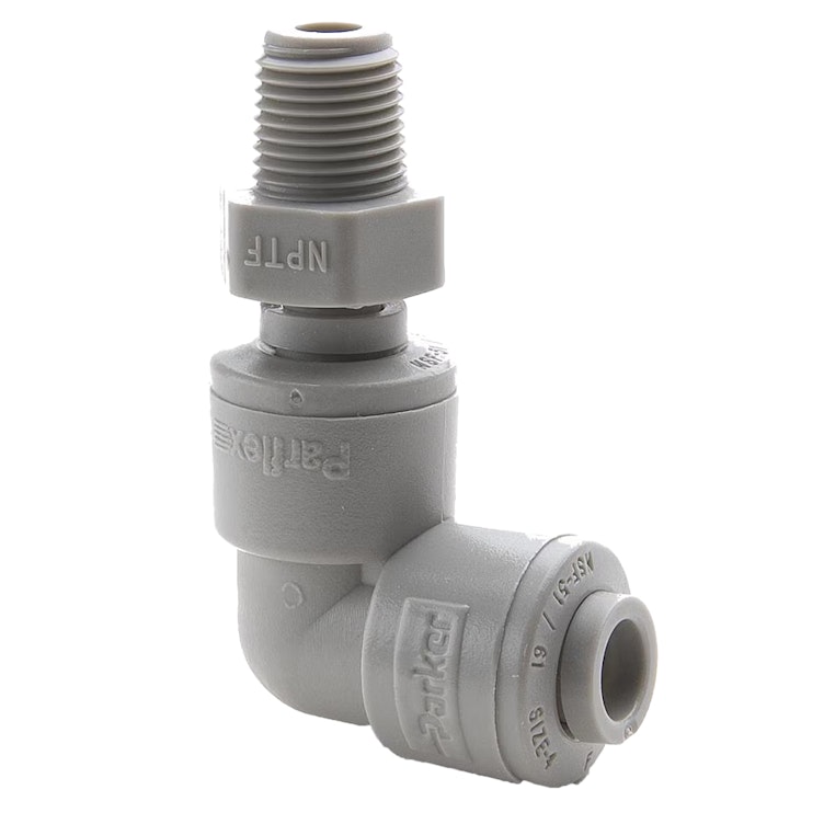 1/2" OD Push-to-Connect x 3/8" MNPTF Gray Acetal TrueSeal™ 90° Male Swivel Elbow