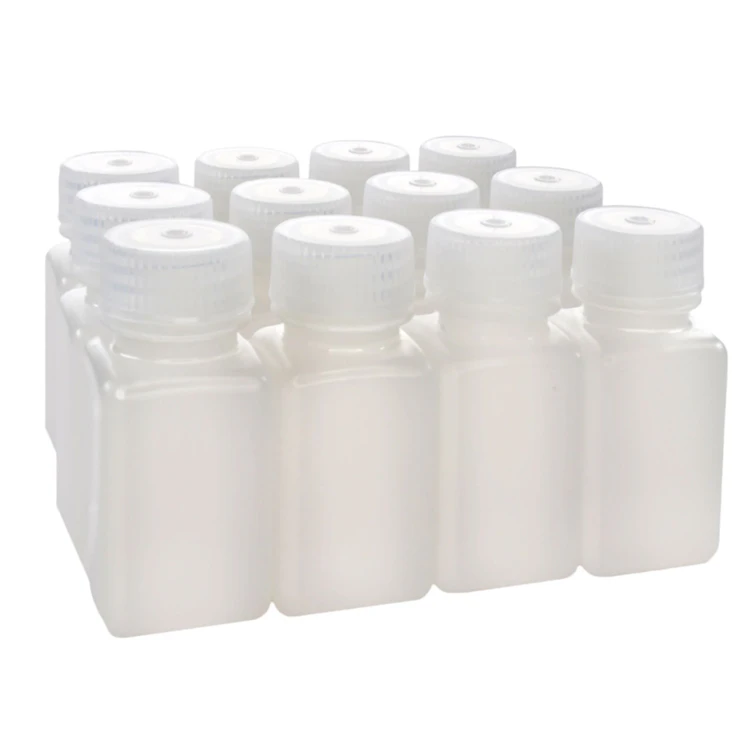 60mL Natural HDPE Sterile Wide Mouth Square Reagent Bottle with 28/415 Natural Polypropylene Cap - Package of 12
