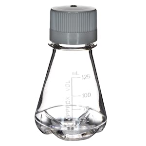 125mL Clear PETG Sterile Baffled-Bottom Erlenmeyer Flask with 38/430 White HDPE Non-Vented Cap - Case of 24