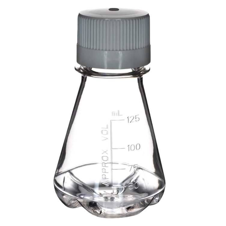 125mL Clear PETG Sterile Baffled-Bottom Erlenmeyer Flask with 38/430 White HDPE Non-Vented Cap - Case of 24