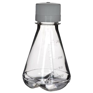 250mL Clear PETG Sterile Baffled-Bottom Erlenmeyer Flask with 38/430 White Polypropylene Non-Vented Cap - Case of 12