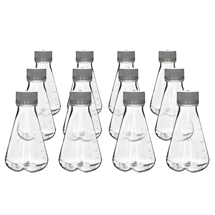 500mL Clear PETG Sterile Baffled-Bottom Erlenmeyer Flask with 45/430 White Polypropylene Non-Vented Cap - Case of 12