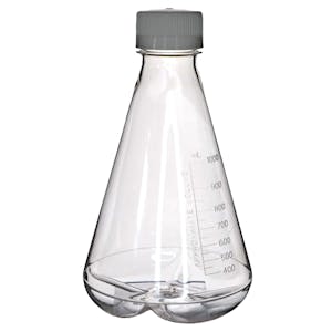 1000mL Clear PETG Sterile Baffled-Bottom Erlenmeyer Flask with 45/430 White Polypropylene Non-Vented Cap - Case of 6