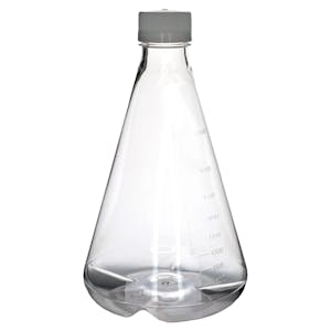 2000mL Clear PETG Sterile Baffled-Bottom Erlenmeyer Flask with 45/430 White Polypropylene Non-Vented Cap - Case of 4