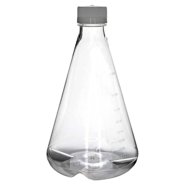 2000mL Clear PETG Sterile Baffled-Bottom Erlenmeyer Flask with 45/430 White Polypropylene Non-Vented Cap - Case of 4