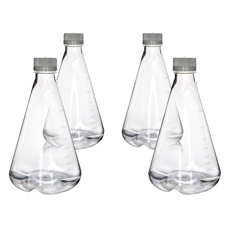2000mL Clear PETG Sterile Baffled-Bottom Erlenmeyer Flask with 45/430 White Polypropylene Non-Vented Cap - Case of 4