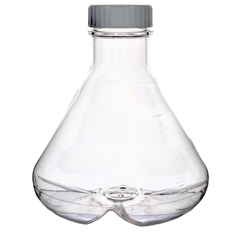 3000mL Clear PETG Sterile Baffled-Bottom Erlenmeyer Flask with 70/430 White Polypropylene Non-Vented Cap - Case of 4