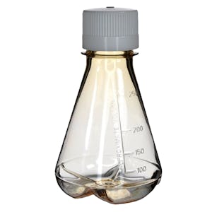 250mL Clear Polycarbonate Sterile Baffled-Bottom Erlenmeyer Flask with 38/430 White Polypropylene Non-Vented Cap - Case of 12