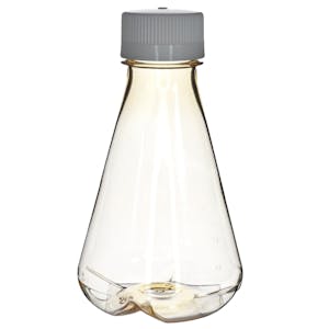 500mL Clear Polycarbonate Sterile Baffled-Bottom Erlenmeyer Flask with 45/430 White Polypropylene Non-Vented Cap - Case of 12