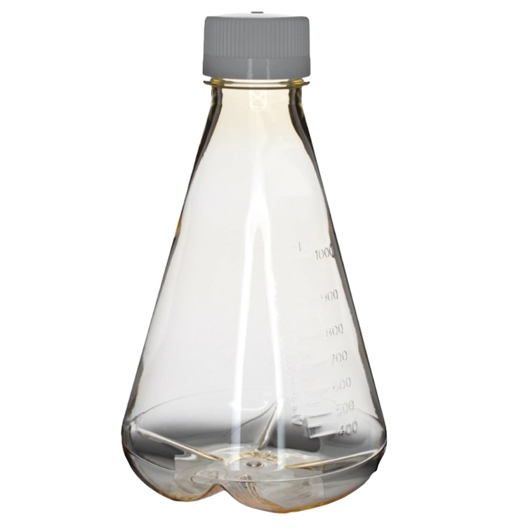 1000mL Clear Polycarbonate Sterile Baffled-Bottom Erlenmeyer Flask with 45/430 White Polypropylene Non-Vented Cap - Case of 6