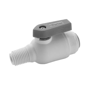 1/4" OD Push-to-Connect x 3/8" MNPTF White Polypropylene TrueSeal™ Male Connector Two-Way Ball Valve
