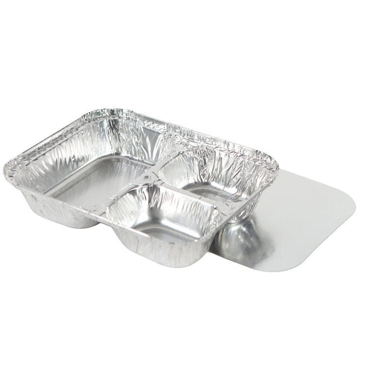 3 Compartment Foil Oblong Food Container with Silver Foil Flat Lid - Case of 250