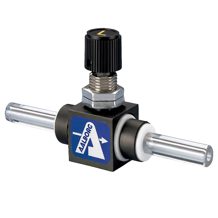 0.39" OD Glass Nipple x 0.39" OD Glass Nipple Straight CVT™ Series Utility PTFE Needle Valve with Aluminum Shell - 0.25 Cv