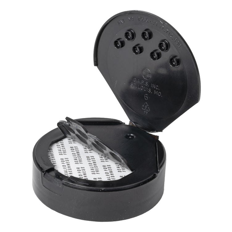 63/485 Black 7 Hole Dual Dispensing Spice Cap with Spoon Opening & Heat Induction Liner - 0.200" Holes
