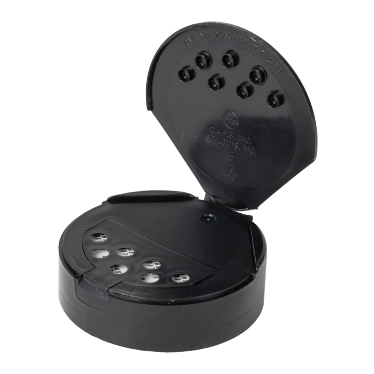 63/485 Black 7 Hole Dual Dispensing Spice Cap with Spoon Opening & Heat Induction Liner - 0.200" Holes