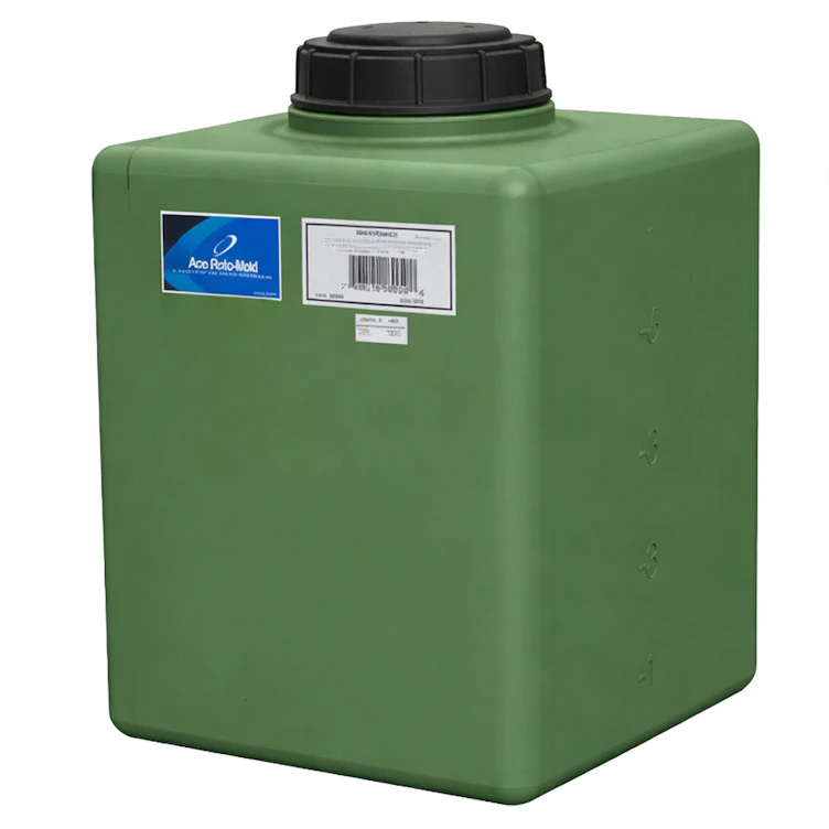 7 Gallon Green MDPE Rectangular Flat Bottom Tank with 5" Lid & 3/4" Fitting - 14" L x 9" W x 15" Hgt.